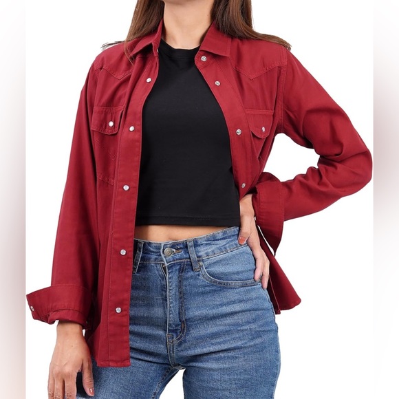 L Diva Red Silky Shirt Button Down Collar Belt Two Front Pockets - Picture 7 of 14